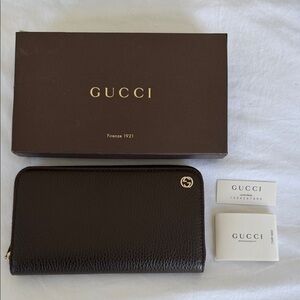 Gucci Dark Brown Leather Zip Around Continental Wallet NIB